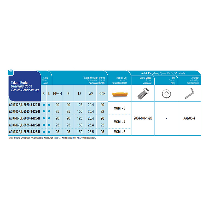 ADKT-K-L-2020-3-T20-H belső hűtéses beszúrókés, 20x20 mm, 3 mm-es lapkához, AKKO