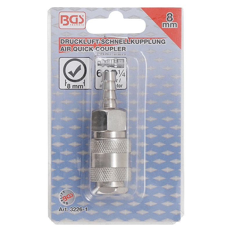 Levegős gyorscsatlakozó hüvely, 1/4"-os, 8 mm tömlőcsatlakozóval (BGS-3226-1)