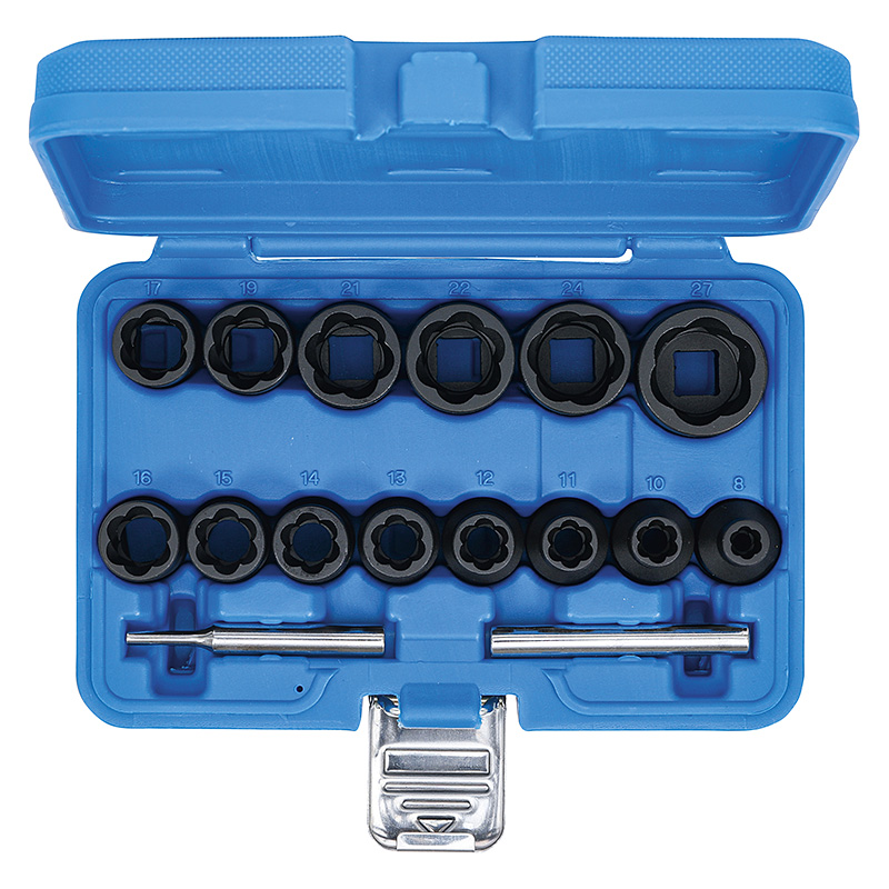 Spirálbites dugókulcskészlet /csavarkiszedő, 1/2", 8 - 27 mm, 16 darabos (BGS-5269)