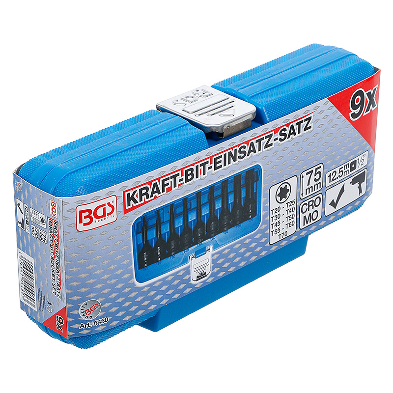 Levegős bit-dugókulcskészlet, 1/2", T-profil (Torx) T20 - T70, 9 darabos (BGS-5480)