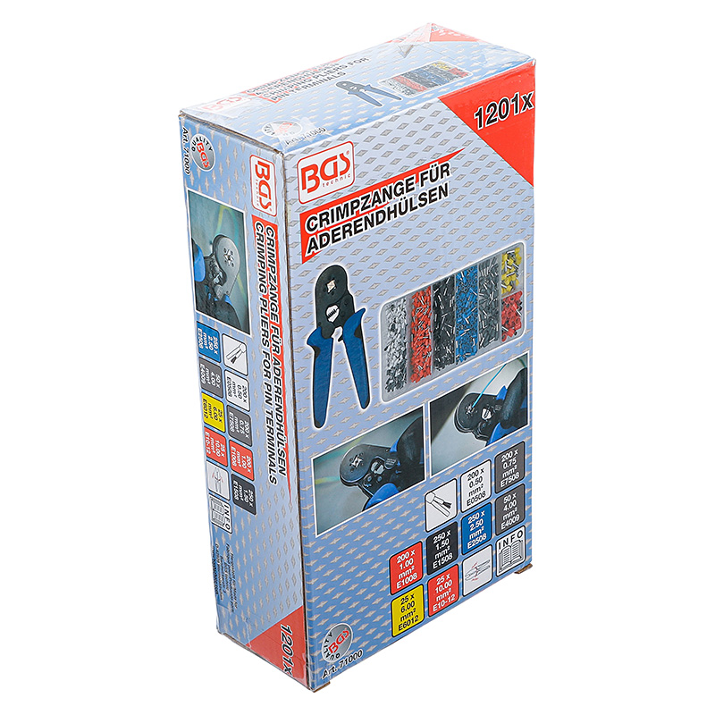 Krimpelőfogó érvéghüvelyekhez 0,25 - 10 mm², érvéghüvely készlettel 0,5 - 10 mm² (BGS-71000)