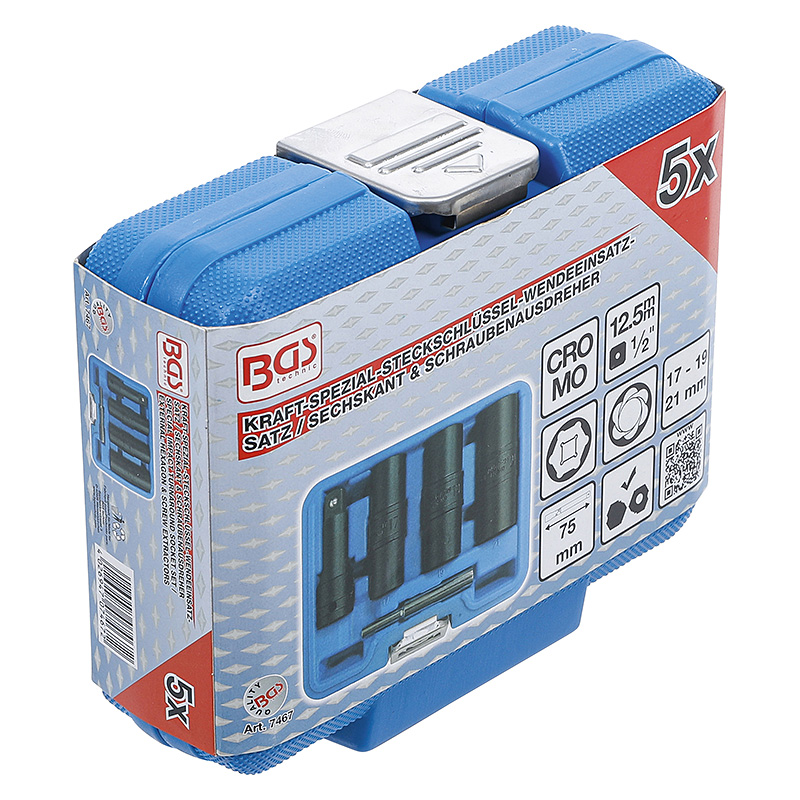 Speciális levegős, fordítóbetétes dugókulcskészlet, hatszögletű és csavarhúzó, 17 - 19 - 21 mm, 1/2", 3 darabos (BGS-7467)