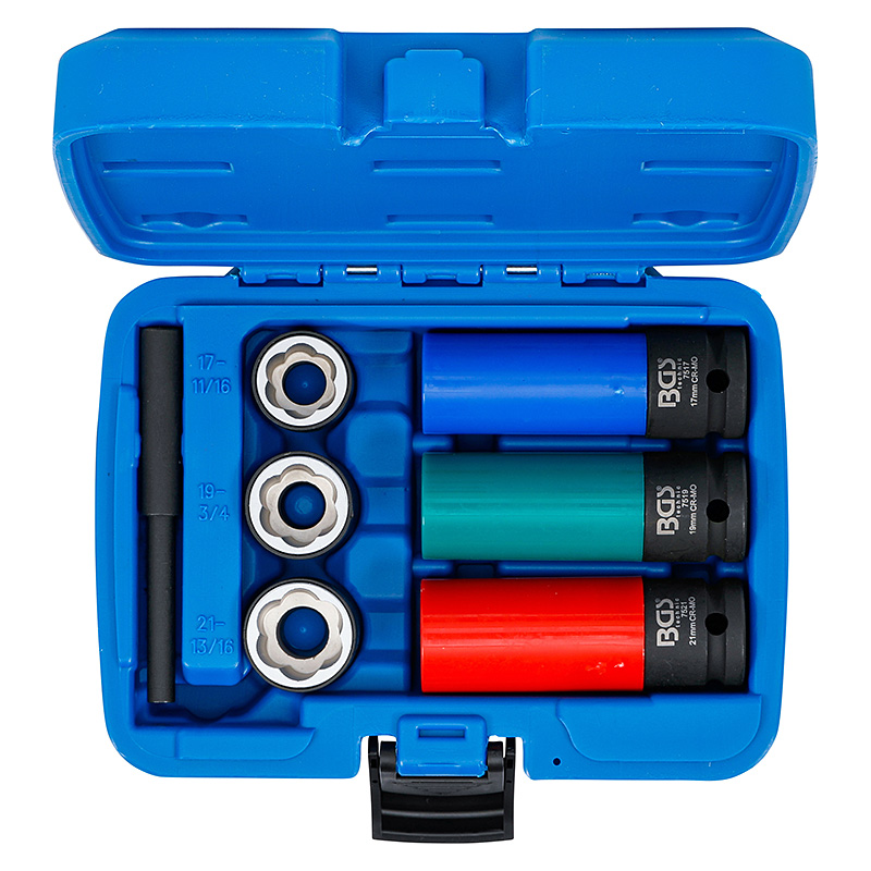 Spirálbites csavarkiszedő és légkulcsfej-készlet, 1/2", 17 / 19 / 21 mm, 7 darabos (BGS-7510)