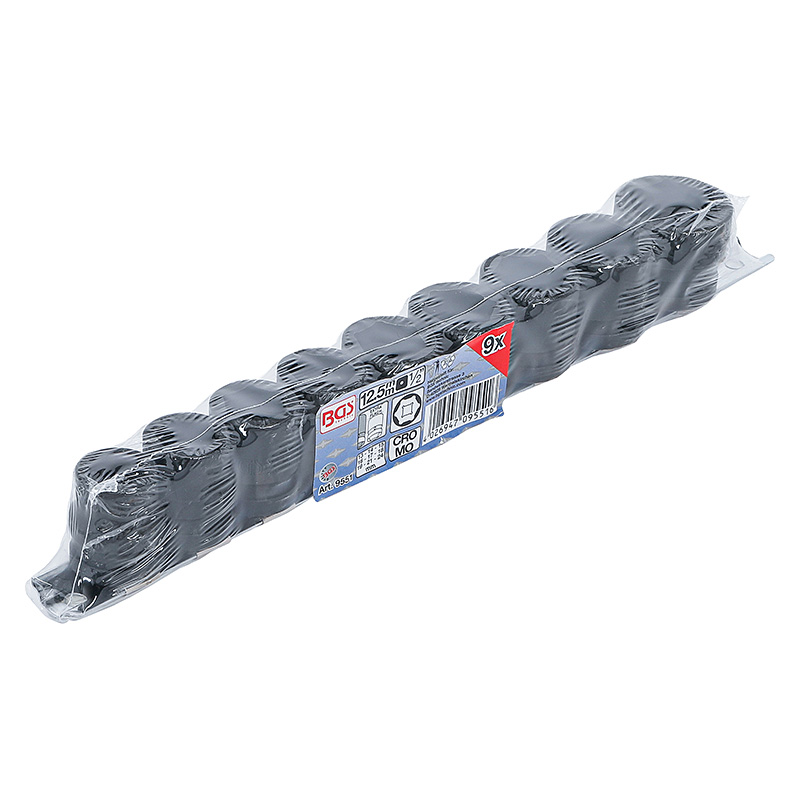 Levegős dugókulcskészlet, hatszögletű, extra lapos, 1/2", 13 - 24 mm, 9 darabos (BGS-9551)
