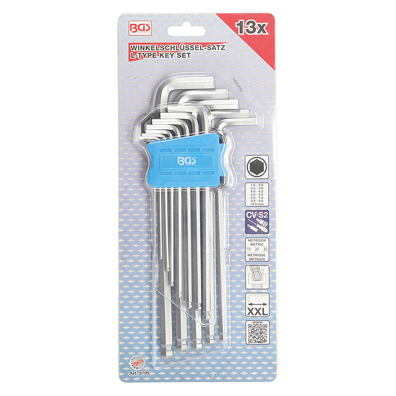 Hatszögkulcs készlet, extra hosszú, belső hatszögletű/Belső hatszögletű gömbfejes 1,5 - 10 mm, 13 darabos (BGS-9799)