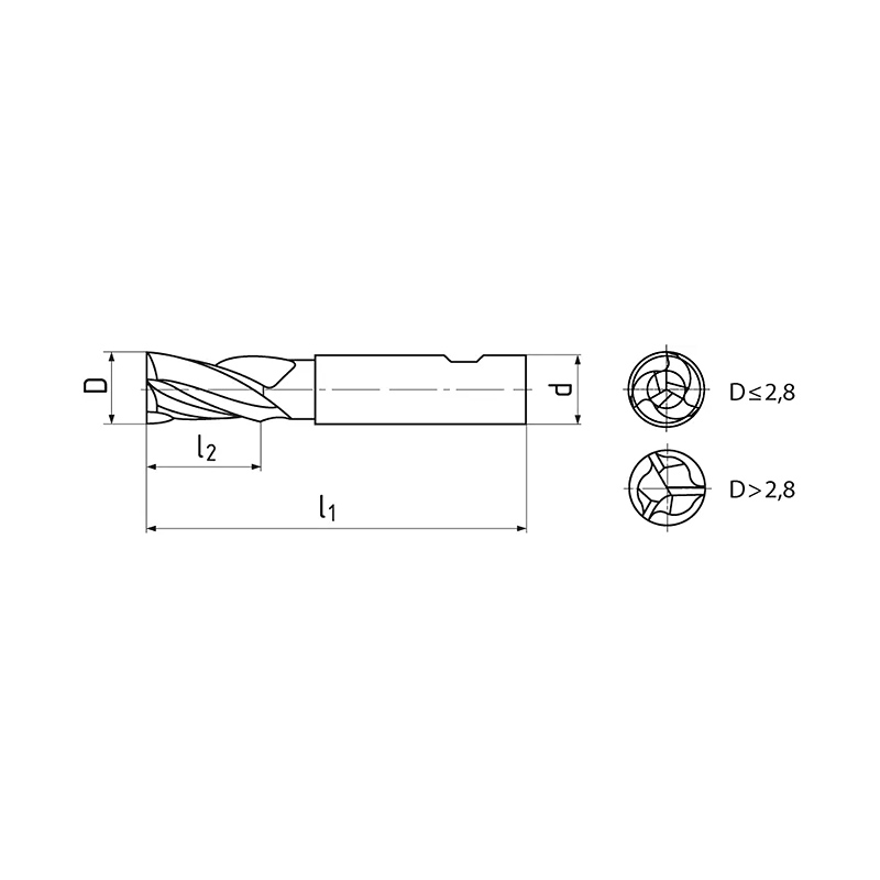 Ujjmaró, mini, 3 élű, 30°, rövid, HSS-E-Co8, Weldon, ZPS 160418